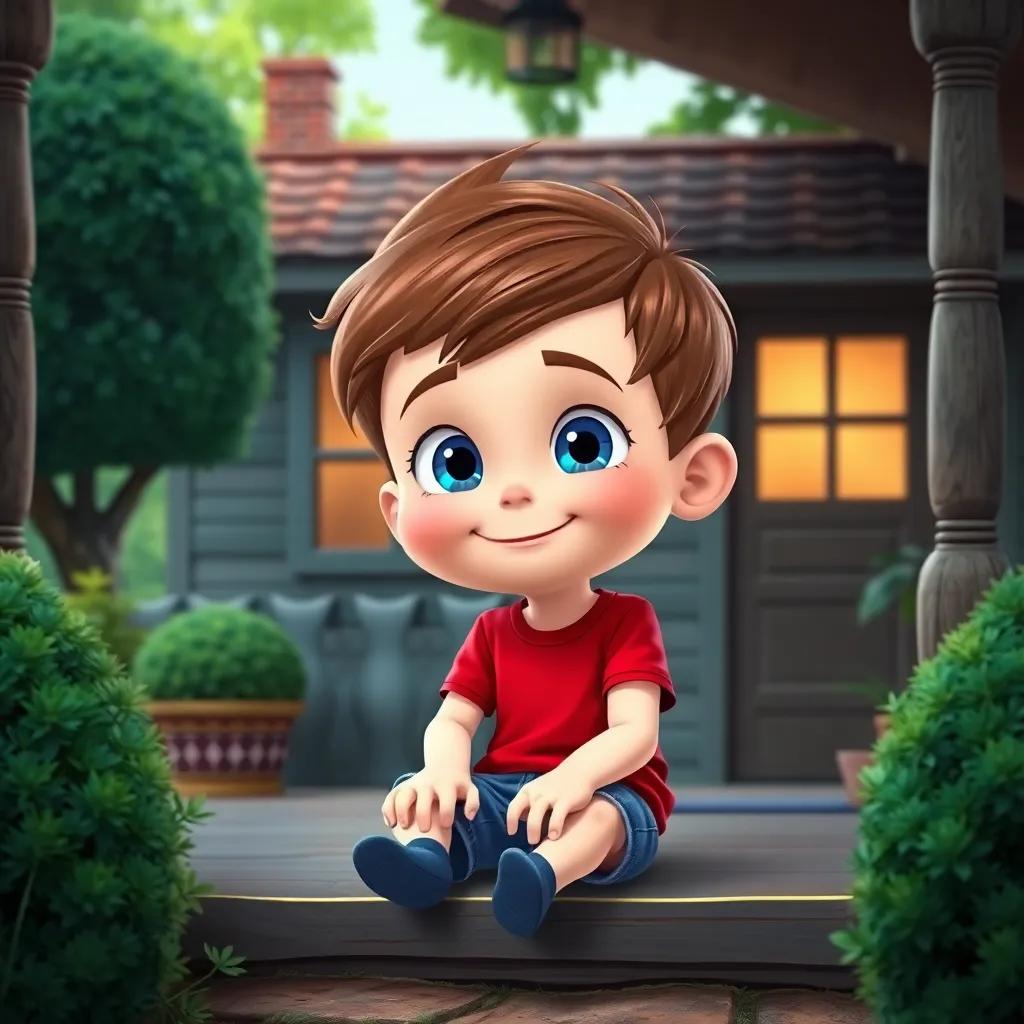 A little boy named Timmy, with short brown hair and bright blue eyes, wearing a red t-shirt and denim shorts, sitting on the porch of a cozy cottage with trees around, high detail, cheerful atmosphere, colorful