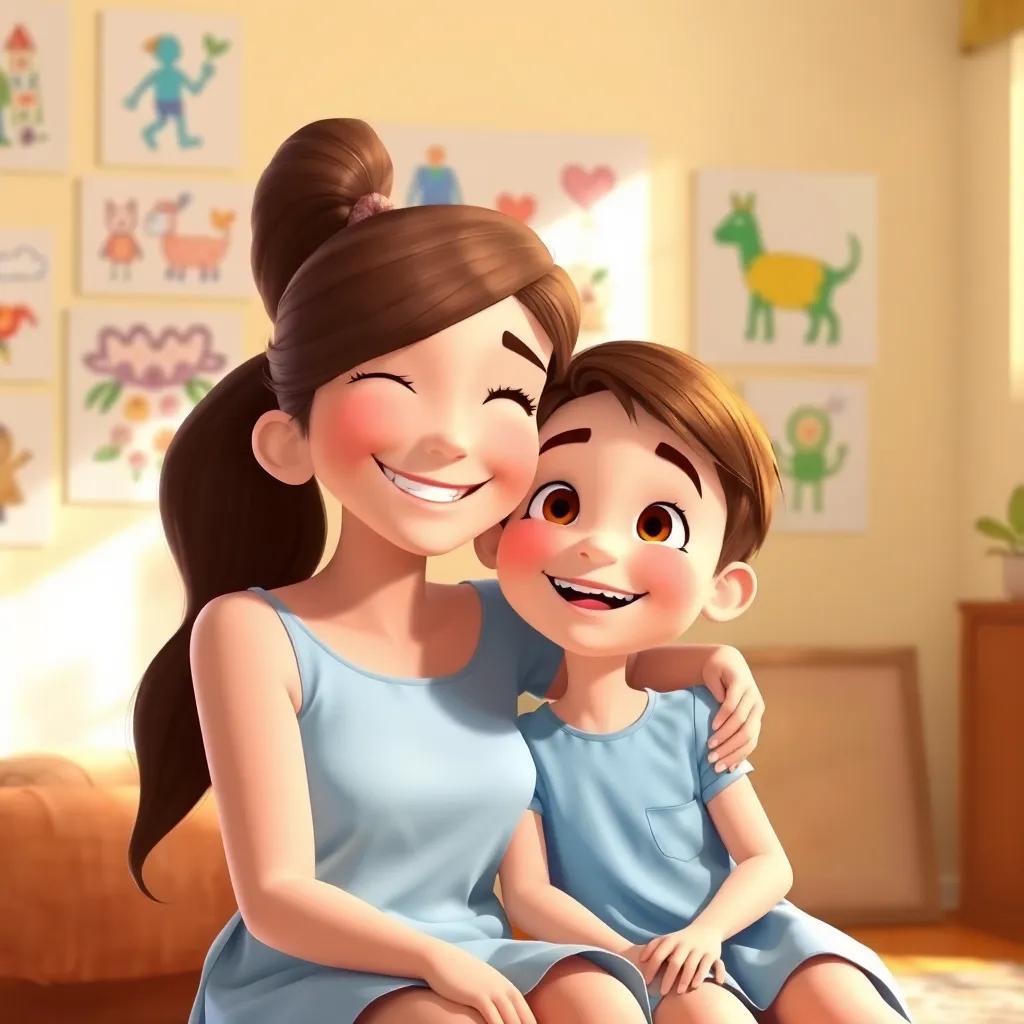 Timmy and his mom, a young woman with long brown hair in a ponytail, wearing a light blue dress, sitting together with big smiles, surrounded by colorful drawings on the walls, warm light, happy family moment
