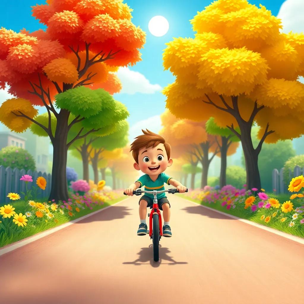 Timmy riding his bike joyfully down a sunny road, with big colorful trees and flowers all around, sun shining bright in a blue sky, lively and vibrant