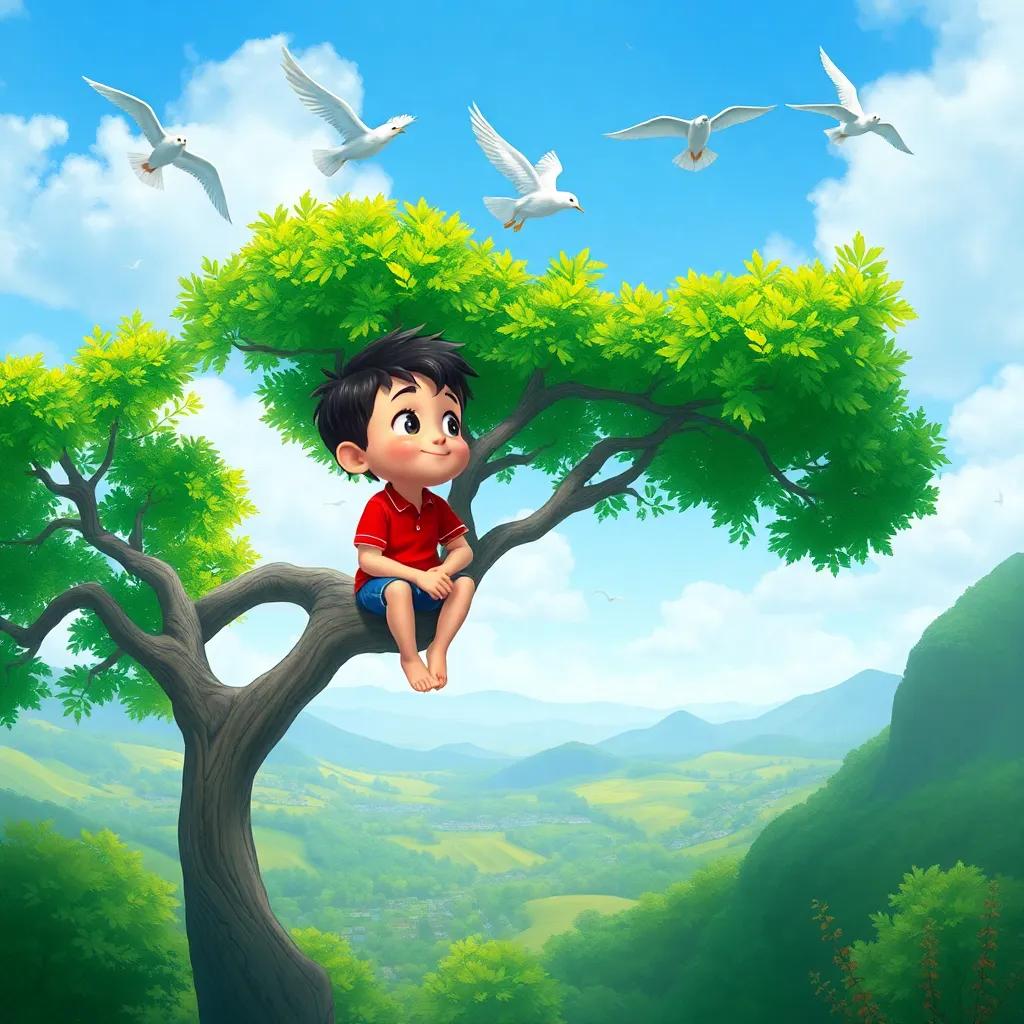 A boy sitting high in a green tree, looking down at birds flying by, with a beautiful landscape around, artistic and lush, painted in bright colors