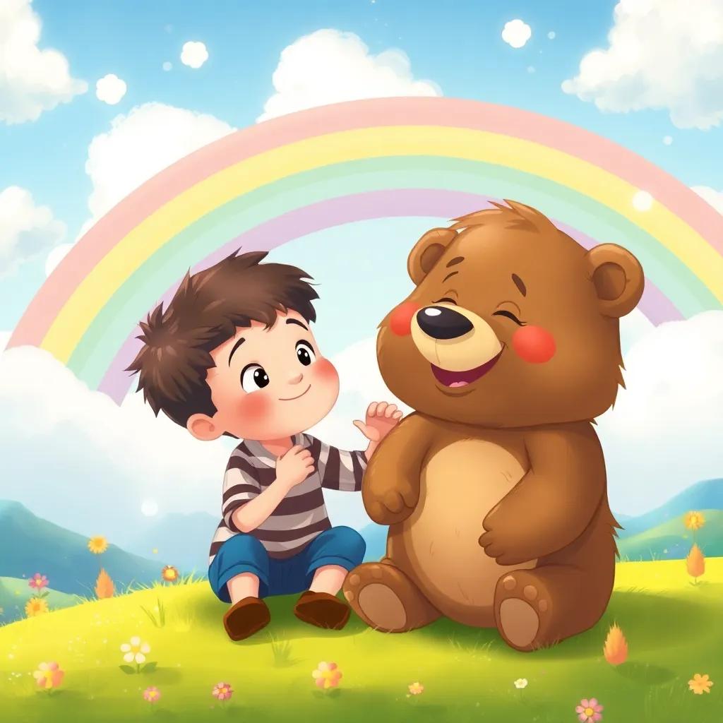 Timmy dreams of playing with a happy bear named Jave, in a magical land with rainbow skies and big fluffy clouds, dreamy illustration style, soft edges