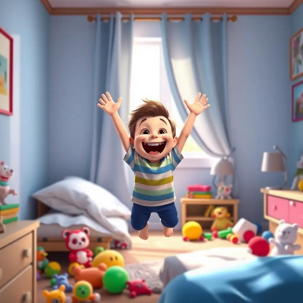 Timmy jumping out of bed, excited and cheerful, with sunlight pouring in the window of his cozy room, colorful toys scattered around, bright and lively