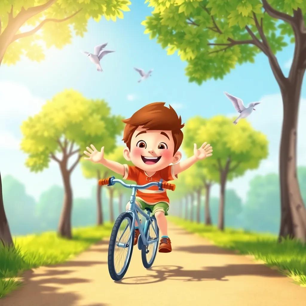 Timmy biking joyously down a sunny tree-lined path, smiling as he waves at the birds, cheerful, fun colors, exciting imagery