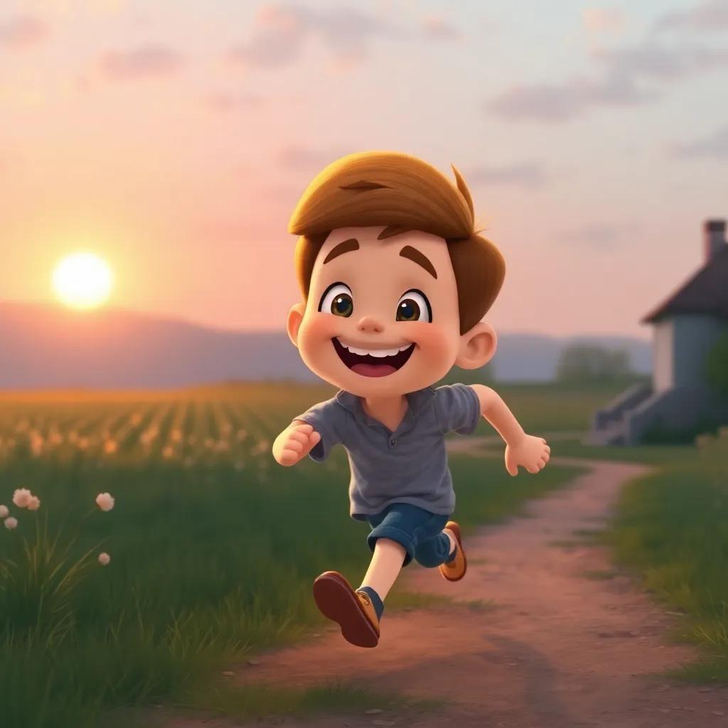 A peaceful sunset view, Timmy running home with a big smile, leaving a trail of happy memories behind, soft pastel colors, warm and inviting light