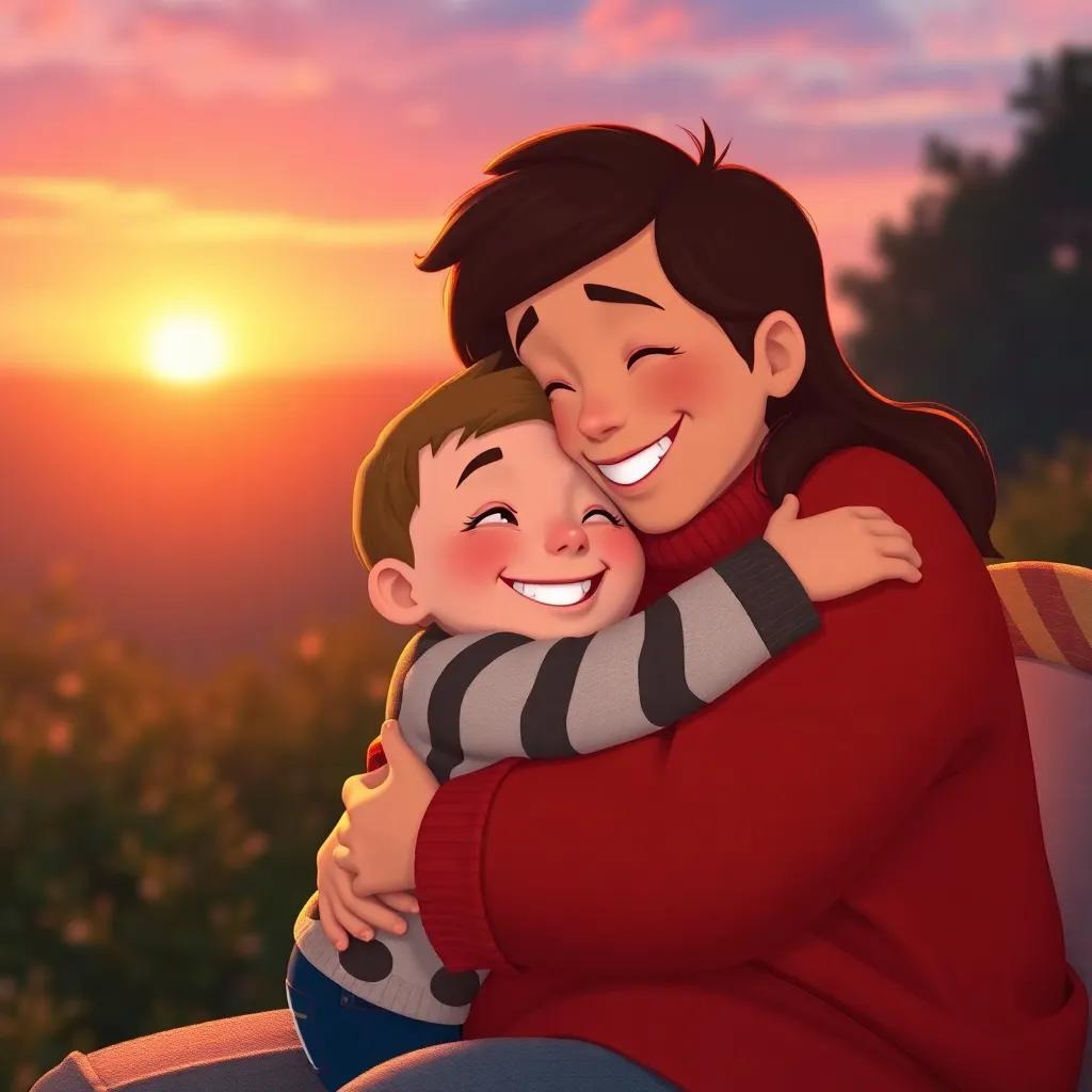 Timmy hugging his mother as the sun sets, both smiling and full of love, cozy scene with family warmth and heartwarming vibes, soft and comforting colors