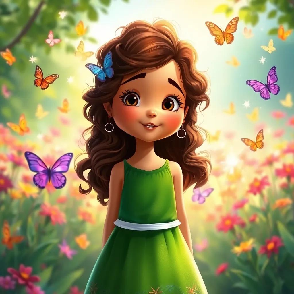 Mia, the young girl with curly brown hair and a green dress, speaking magical words that float in the air like sparkles, surrounded by colorful butterflies, enchanting garden setting, illustration, whimsical, vibrant colors, uplifting