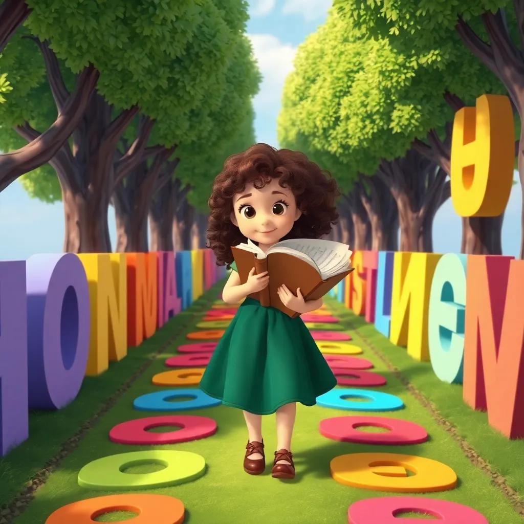 Mia, with her curly brown hair and green dress, walking with a book in hand through a rainbow-colored path made of words, trees that look like letters, fantasy-themed, cheerful colors, imaginative perspective, high quality
