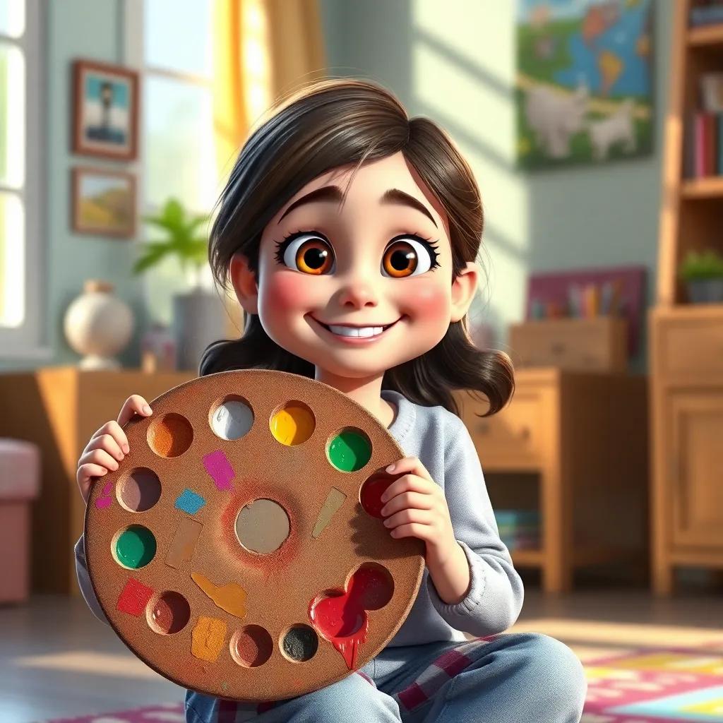 A cheerful girl, Mia, with bright, curious eyes and a big smile, holding an old, colorful paint palette covered in dust, sitting in a sunny room, digital art, vibrant colors, warm light, inviting atmosphere, high quality
