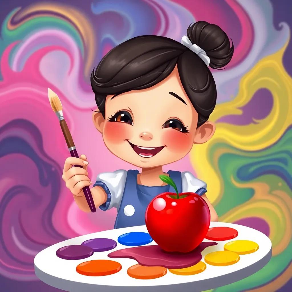 Mia with her paintbrush in hand, surrounded by swirling colors of the palette, painting a small red apple that is wiggling, a joyful expression on her face, illustration, colorful, fun, child-friendly
