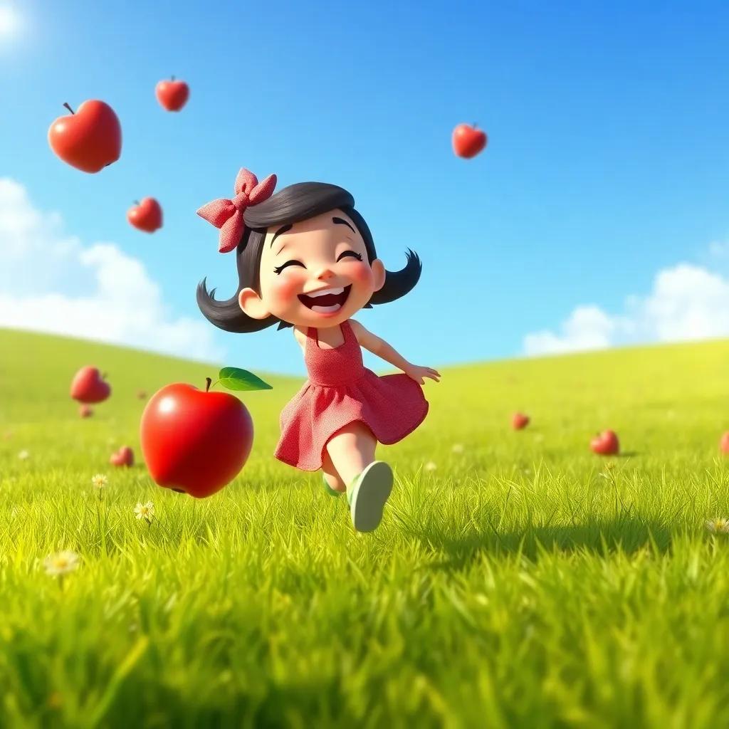 Mia happily chasing a rolling red apple, with laughter in the air, vibrant scene with green grass and a bright blue sky, detailed digital art, cheerful and playful mood, high quality