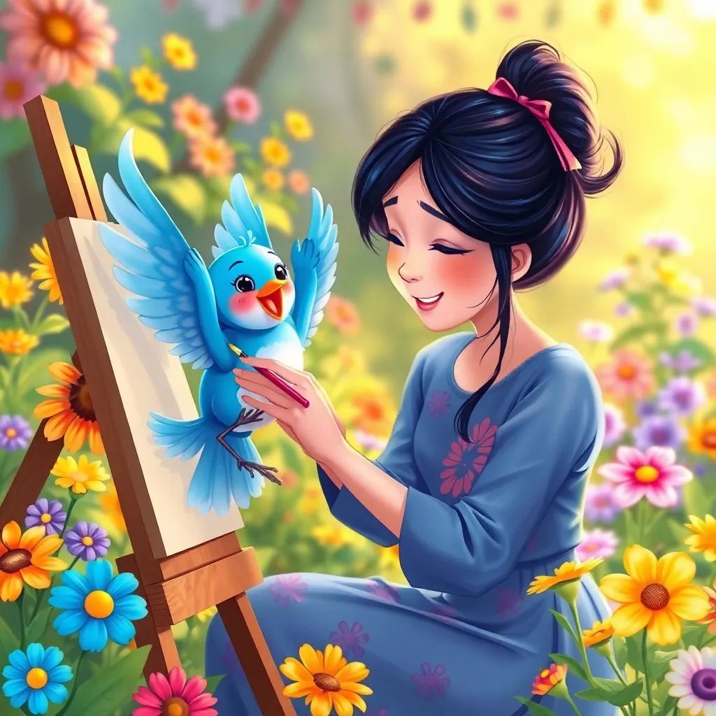 Mia lovingly painting a blue bird, the bird flapping its wings and singing joyfully, with colorful flowers around them in a garden, illustration, bright and warm colors, inviting atmosphere, high quality