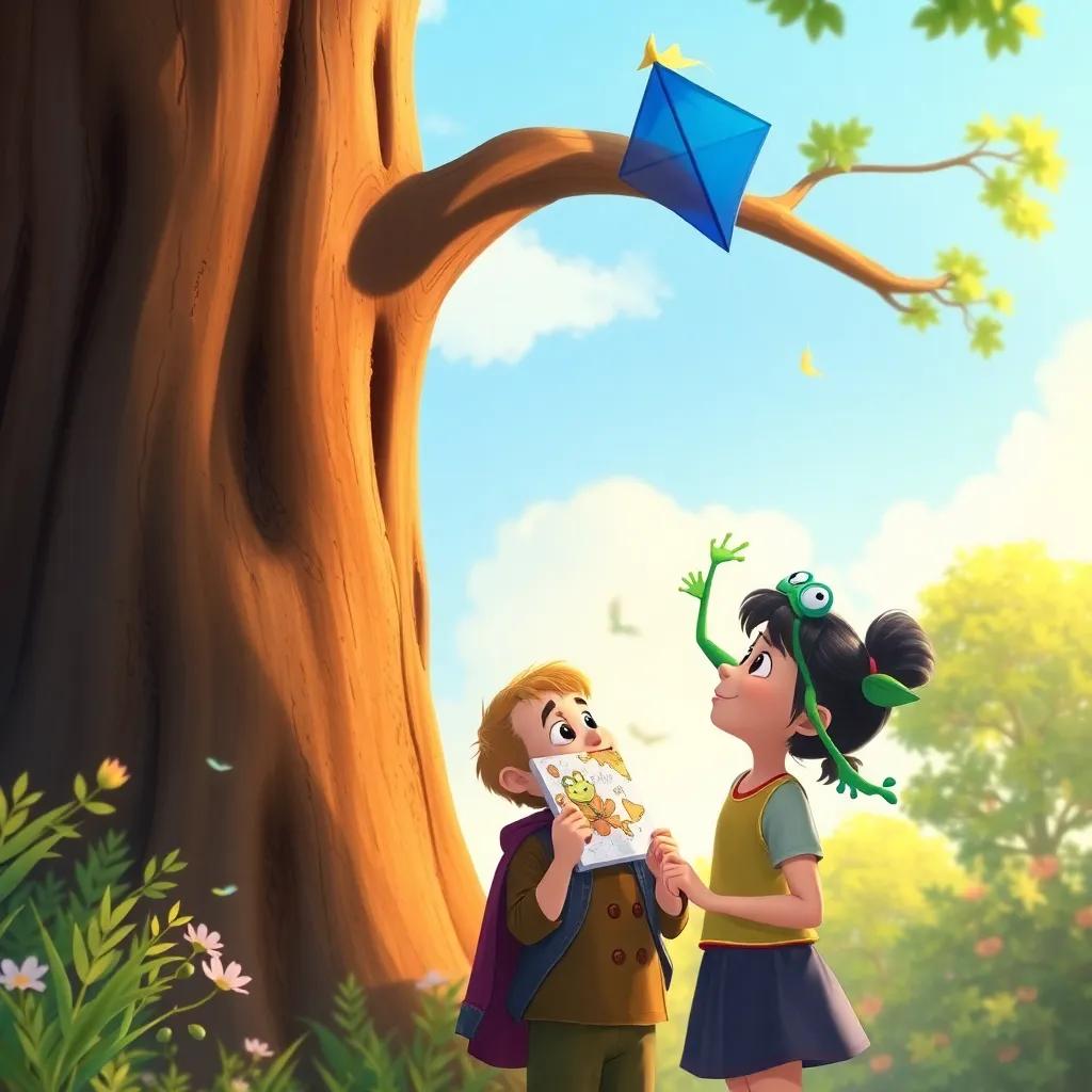 Mia and her friend Tom, looking up at a tall tree with a bright blue kite stuck in it, Mia painting a green frog that is leaping joyfully, warm light, colorful environment, playful, high quality