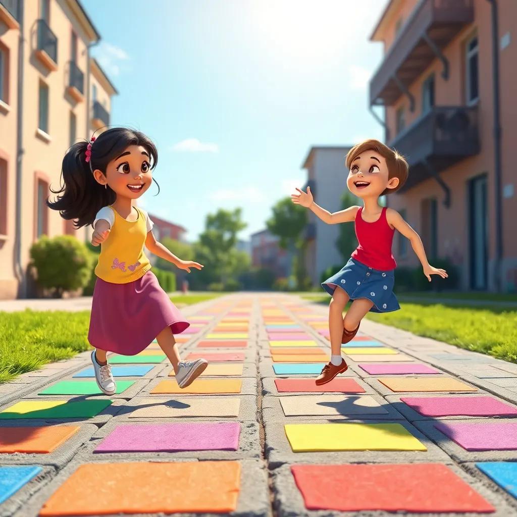 Mia and Sara playing hopscotch, with colorful painted squares on the ground, both girls laughing and having fun, bright sunlight, vibrant colors, joyful atmosphere, high quality