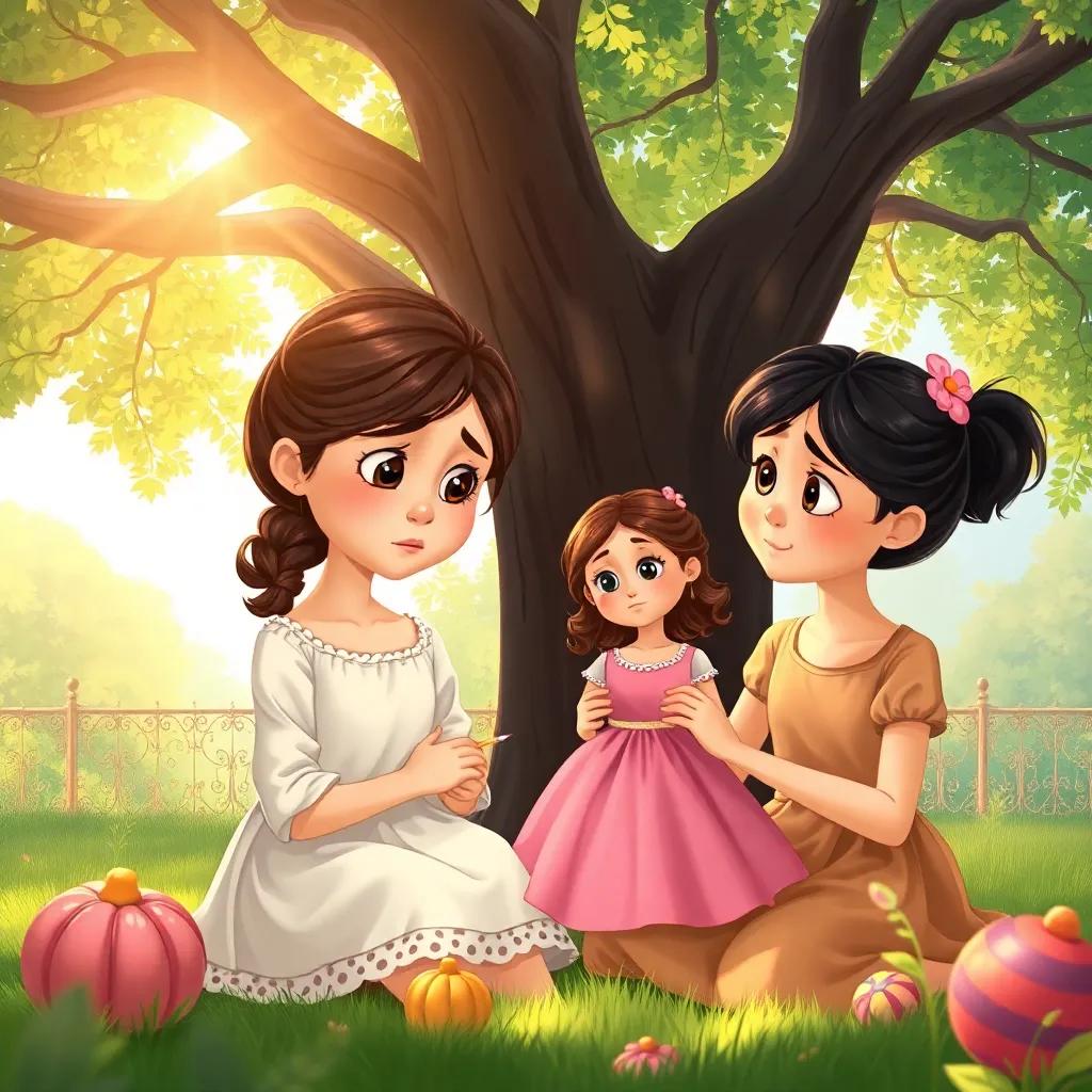 Maria with a sad expression holding a doll, Mia painting a pretty dress for the doll, they are sitting under a big tree with dappled sunlight, detailed illustration, warm and uplifting colors, child-friendly