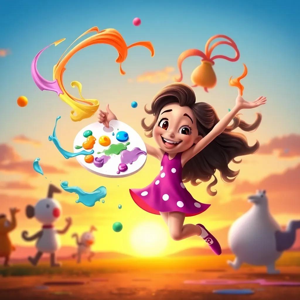 Mia dancing around with her magic paint palette, colorful swirls of paint in the air, a big smile on her face, surrounded by her friends, sunset background, cheerful, bright colors, high quality
