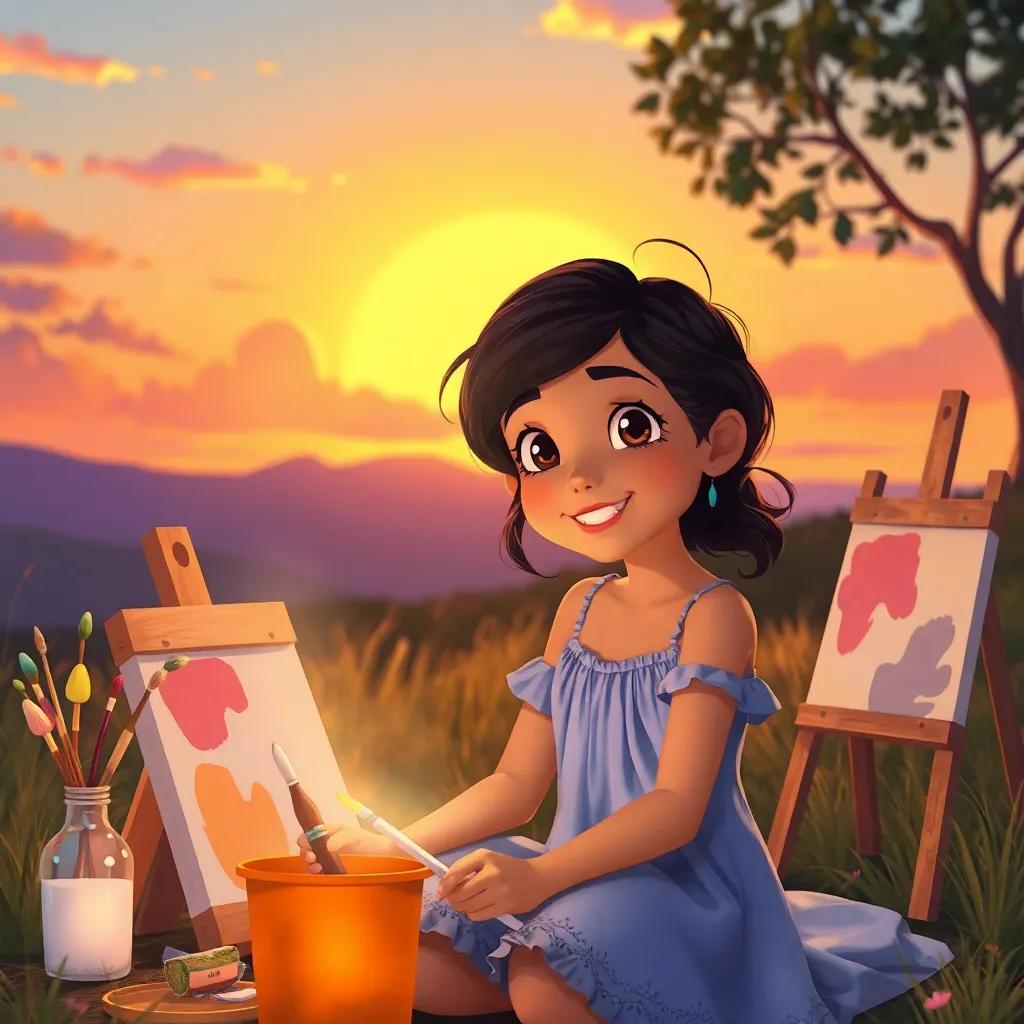 Mia cleaning up her paints at sunset, a glow of magic around her, a warm and hopeful expression as she thinks of new adventures, digital art, soft colors, whimsical atmosphere, high quality