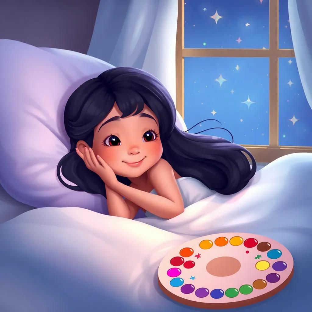Mia lying in bed dreaming, a colorful magic paint palette by her side, stars twinkling outside her window, gentle light, dreamy scene, child-friendly, high quality