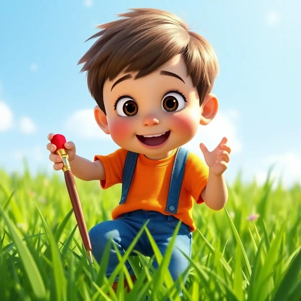 A boy named Timmy, a young boy with short brown hair, wearing a bright t-shirt and jeans, excited as he discovers a shiny paintbrush in green grass, a sunny day, digital art, colorful, lively atmosphere, cheerful