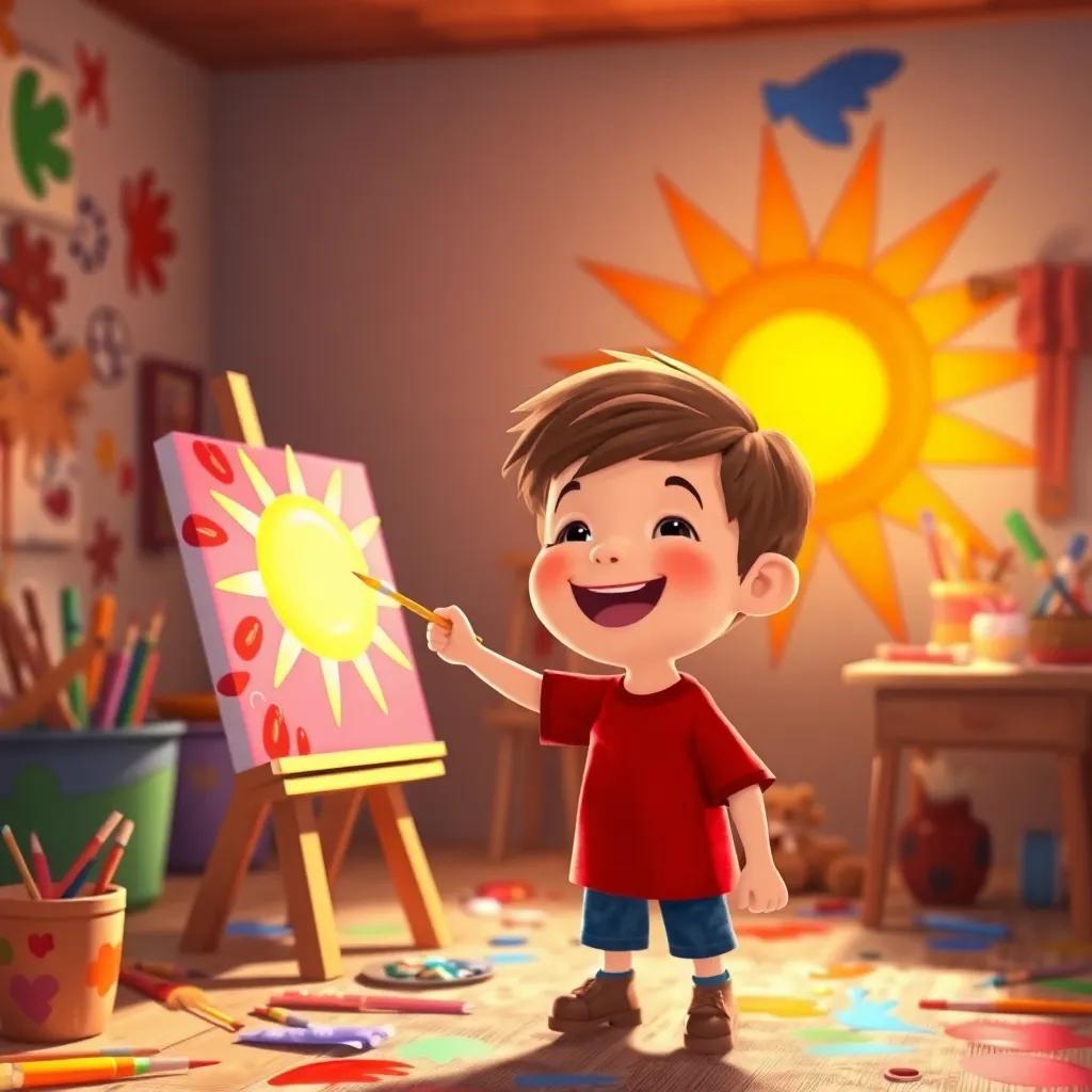 Timmy, with his short brown hair, joyfully painting a big, happy sun that shines brightly in his cozy room filled with paint, colorful strokes everywhere, warm light, playful and vibrant ambiance, high quality