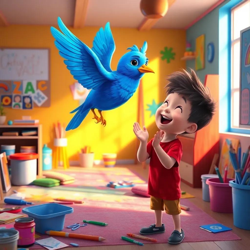 A blue bird painted by Timmy, flapping its wings in a cheerful room, Timmy clapping with excitement, colorful walls and art supplies scattered, joyful scene, light and shadows, uplifting