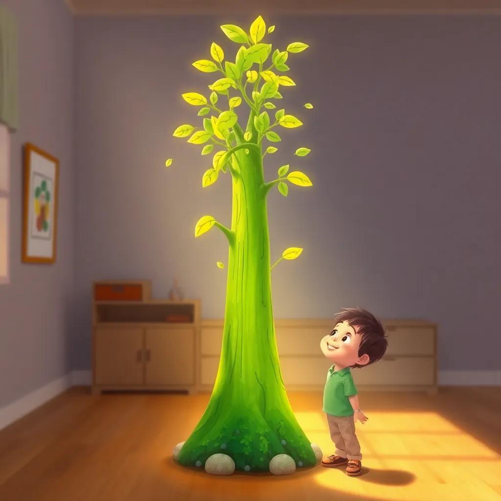 A green tree that Timmy painted, growing tall with dancing leaves in a bright room, Timmy smiling and looking in awe, warm colors, magical mood, creative environment, high quality