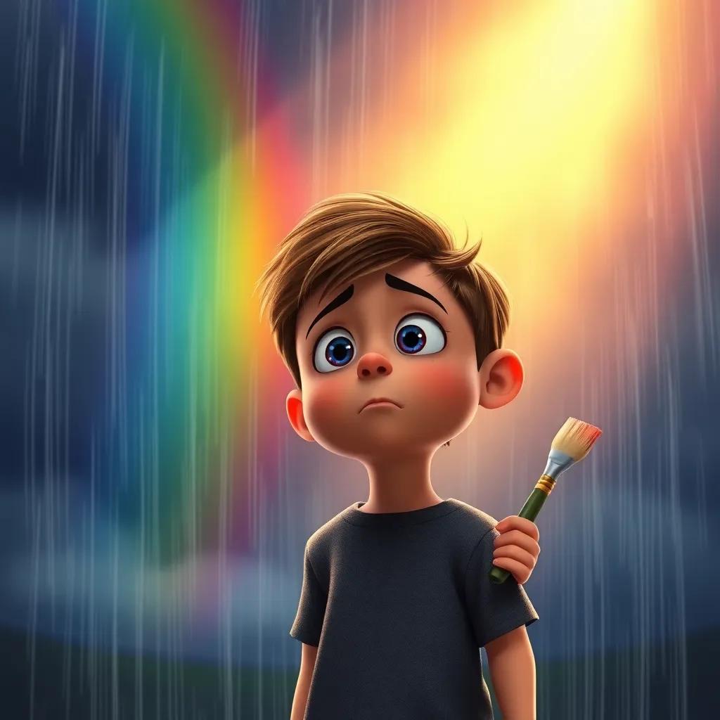 A dark rainbow in the sky, with rain starting to fall, Timmy looking worried, he is holding his paintbrush, the scene depicts responsibility, dramatic light, colorful yet serious atmosphere, high quality