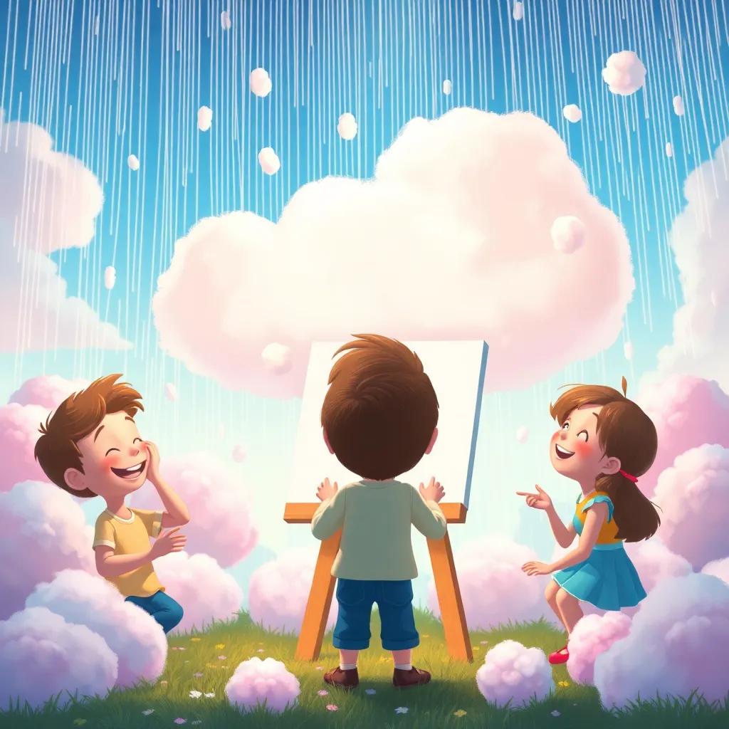 Timmy painting a gentle cloud, surrounded by rain that turns into fluffy cotton candy, his friends laughing and playing under it, bright pastel colors, whimsical, joyful context, enchanting