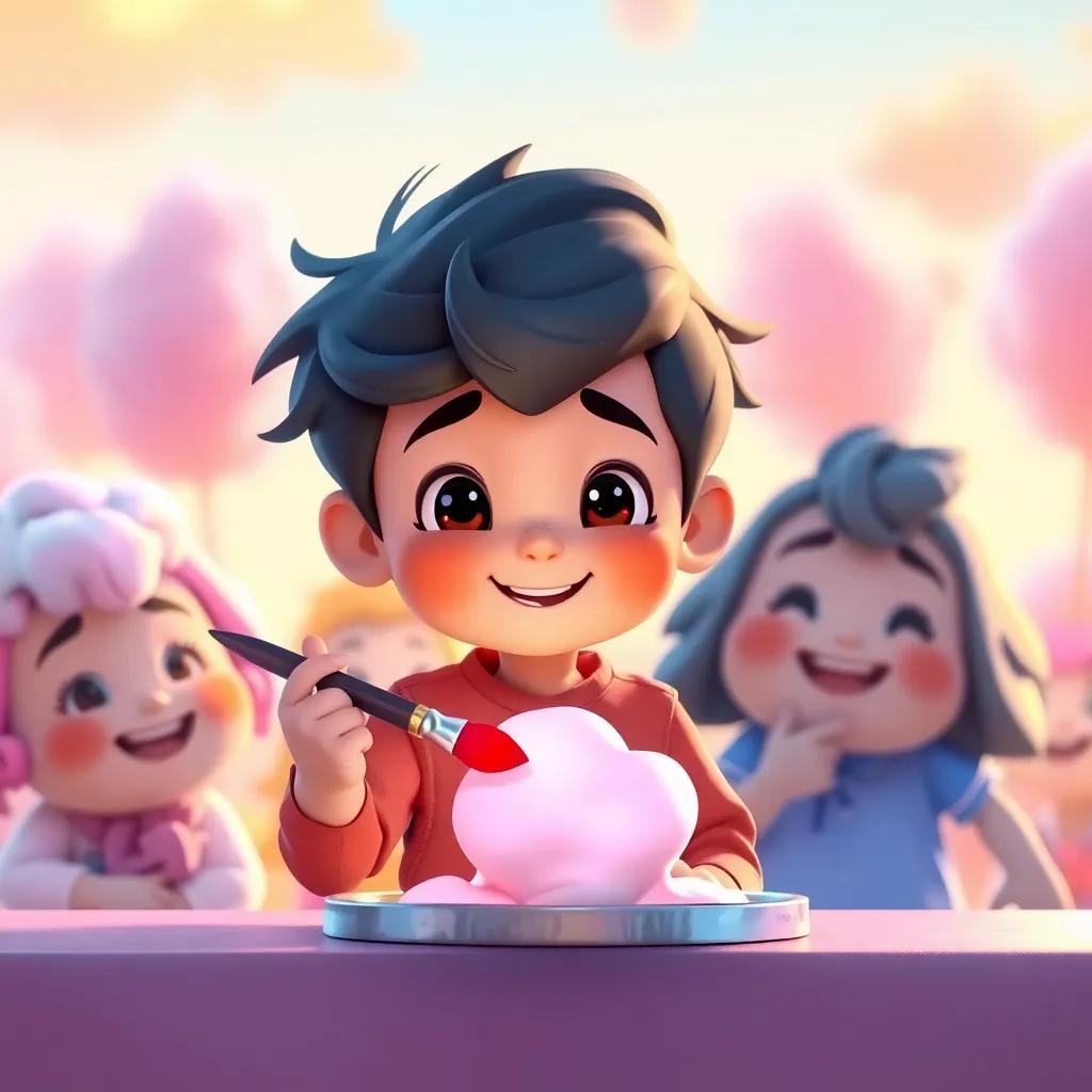 Timmy, with his paintbrush in hand, painting with care, showing kindness and responsibility, his friends happily enjoying the cotton candy, warm colors, friendly mood, child-friendly atmosphere, high quality