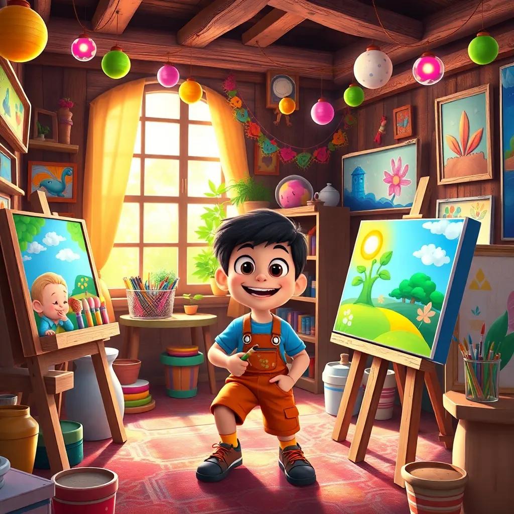 A magical studio with Timmy painting, filled with colors and creations, showcasing his joyful paintings, a sense of community and happiness, vibrant and inviting, picturesque environment, high quality