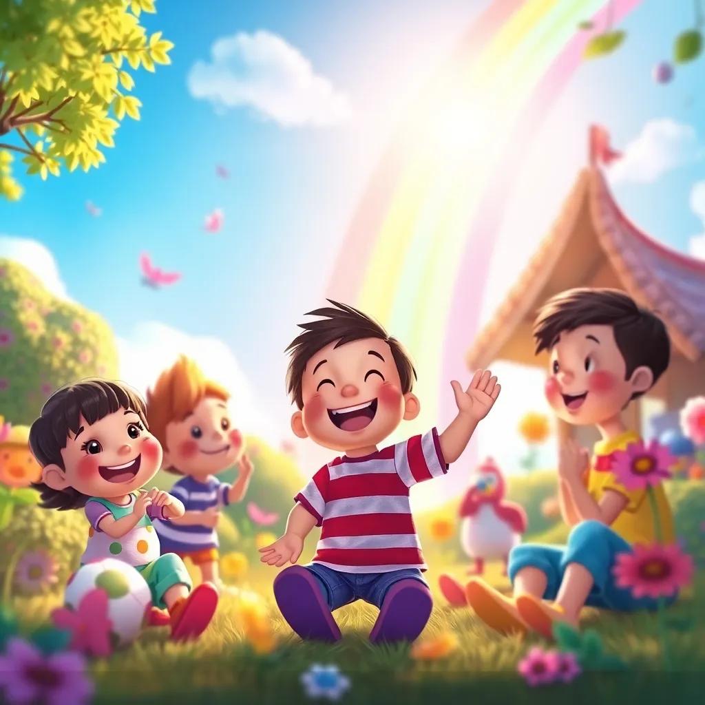 Timmy's colorful world full of joy, happiness, friends sharing and playing, a rainbow shining gently in the background, warm light, cheerful, life-filled scene, high quality