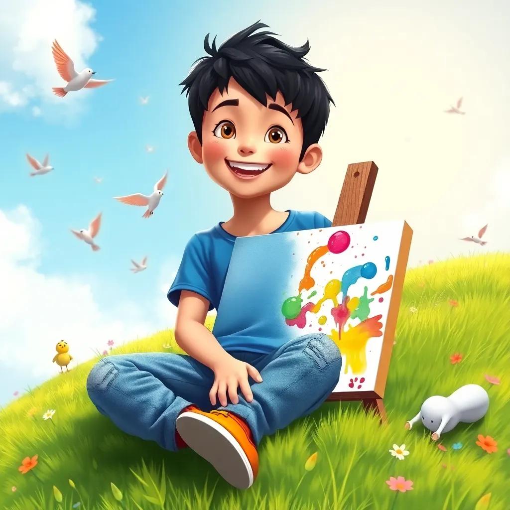 A young boy, Leo, with short black hair, wearing a blue t-shirt and faded jeans, sitting on a grassy hill with a wide canvas and colorful paint, sunshine and birds around him, joyful atmosphere, bright colors, cheerful setting, whimsical art style