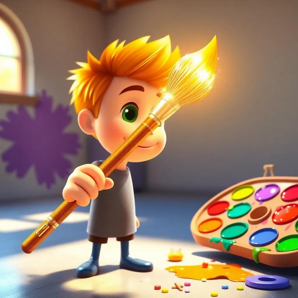 A shiny golden paintbrush held by Leo, sparkling under the sunlight, with a colorful palette and splashes of paint nearby, inviting scene, vibrant colors, artistic inspiration, playful details