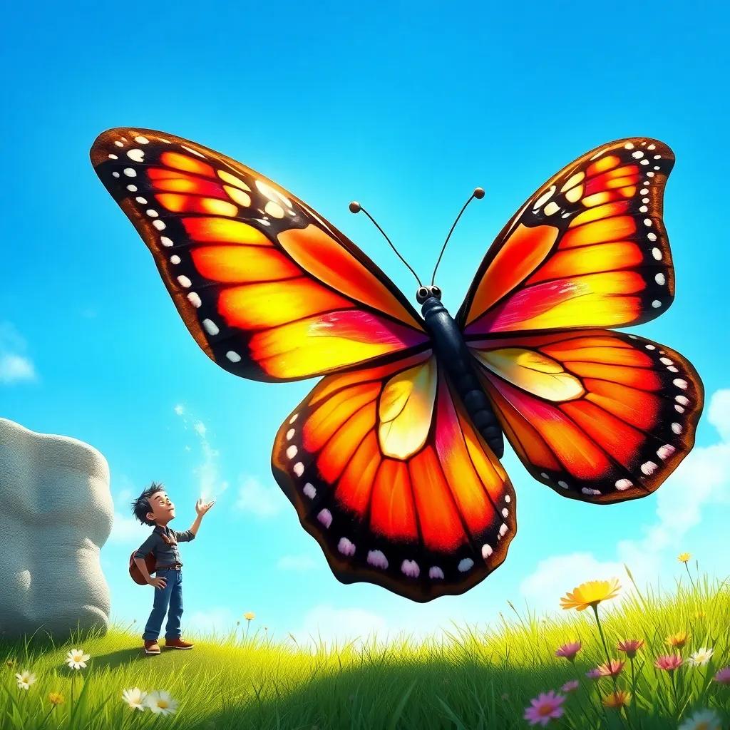 A big, beautiful butterfly painted by Leo, flying out of a canvas, colorful wings and a surprised Leo watching, magic in the air, bright blue sky, enchanting view, whimsical style