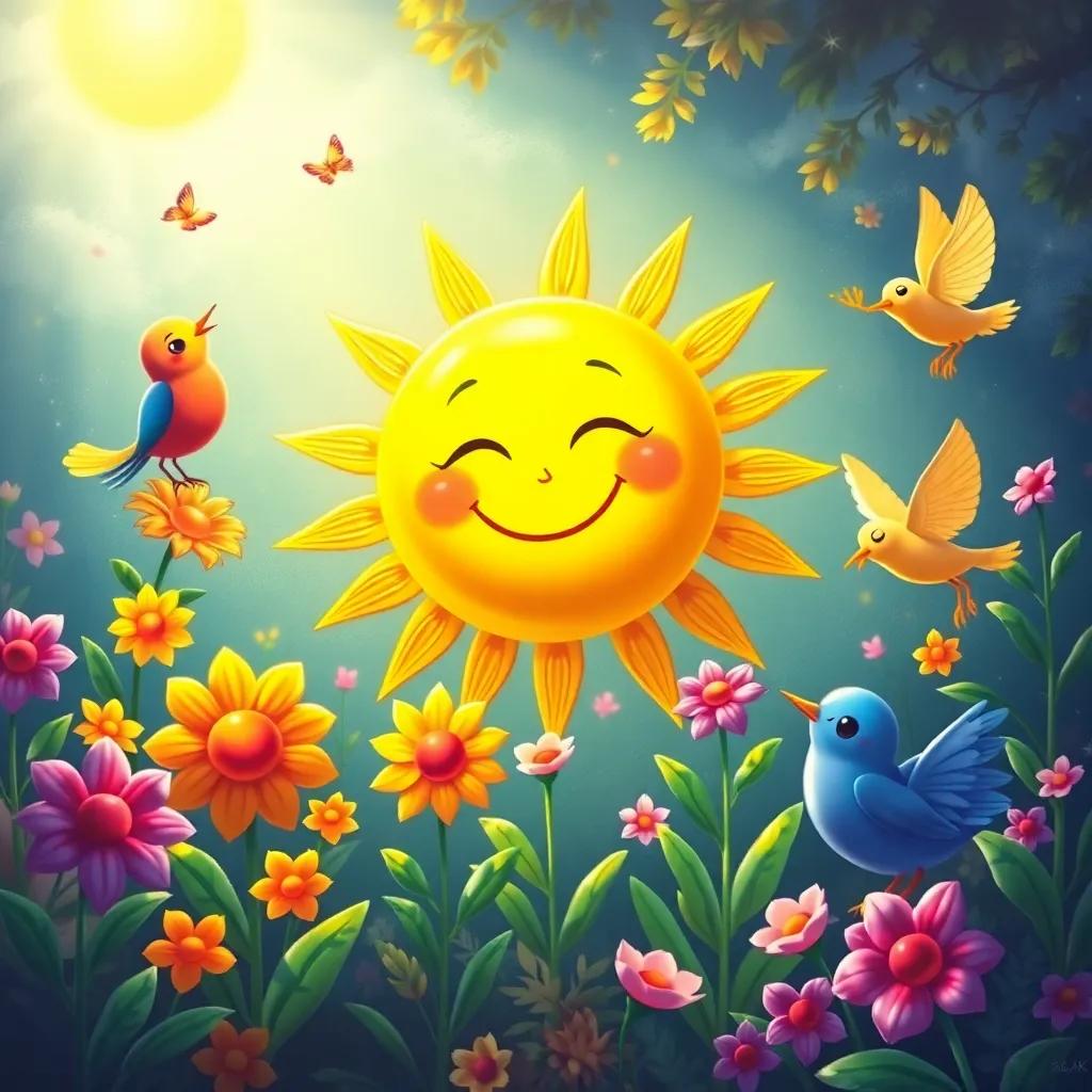 Leo painting a smiling sun, dancing flowers, and singing birds, all coming to life with happy expressions, joyful colors and a lively setting, magical feeling, playful art style