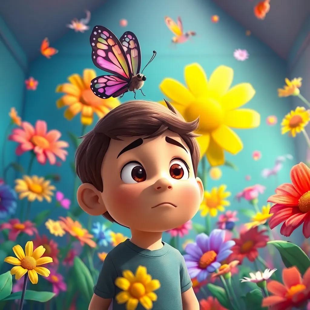 Leo looking worried as his butterfly flies too high and the room is filled with giant flowers, colorful chaos around him, animated expression, bright and whimsical, charming view