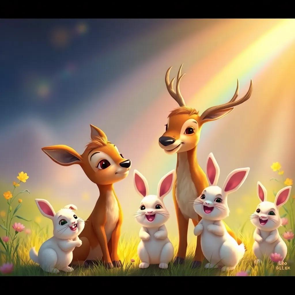Leo painting wise and kind creatures, like a gentle deer and laughing rabbits under a shining rainbow, embracing joy, warm lighting, happy scene, colorful and friendly atmosphere
