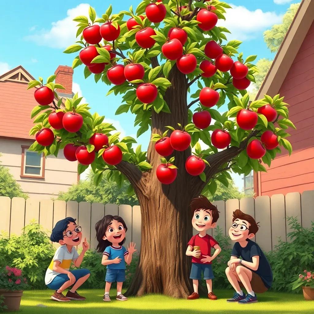A tall apple tree in Leo's backyard with bright red apples and friends gathered around, smiles on their faces while enjoying the fruit, sunny day, cheerful atmosphere, inviting scene