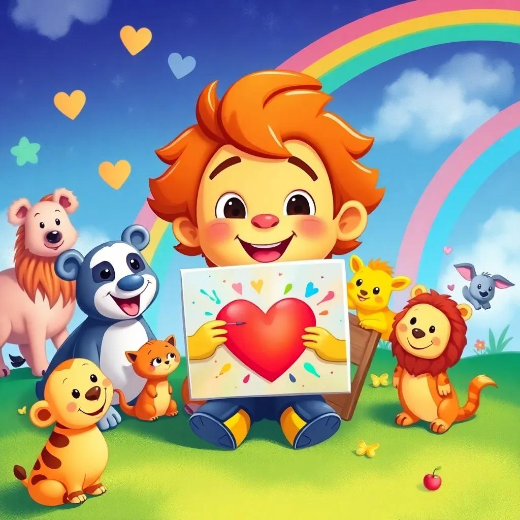 Leo painting with a big heart, surrounded by happy animals and rainbows, sharing his art with friends, bright colors, joyful expressions, whimsical art style