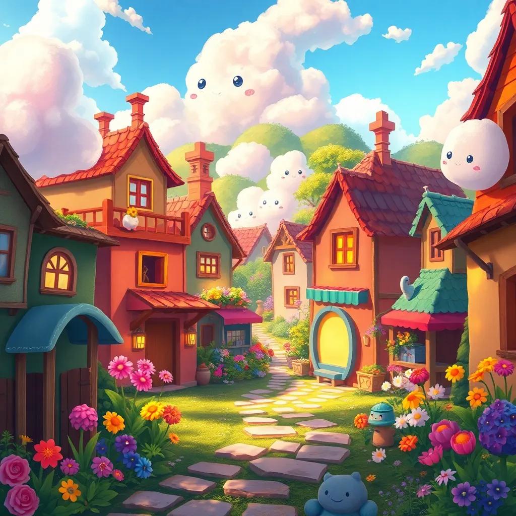 The village full of Leo's magical paintings, each corner revealing something magical, like smiling flowers and friendly clouds, vibrant and enchanting scene, innocent joy, colorful world, playful illustration