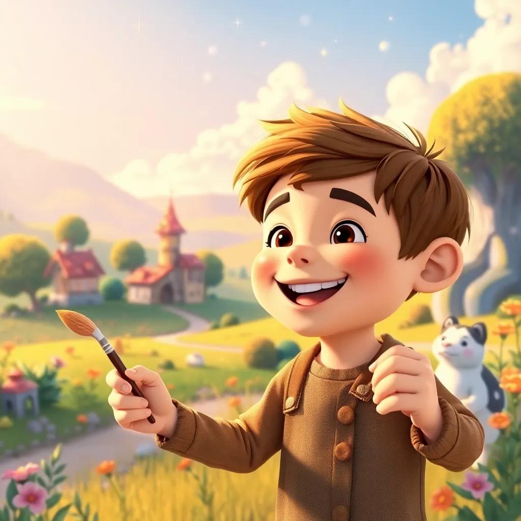 Leo, a happy boy with a paintbrush in his hand, smiling as he paints a kind landscape, surrounded by friends and magic, bright colors and joyful atmosphere, heartwarming.