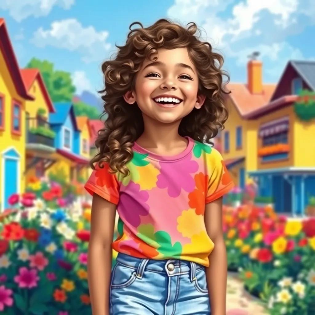A young girl, Mia, with curly brown hair, wearing a vibrant t-shirt and denim shorts, laughing in a sunny village filled with colorful flowers and cheerful houses, digital art, vivid colors, playful atmosphere, high quality
