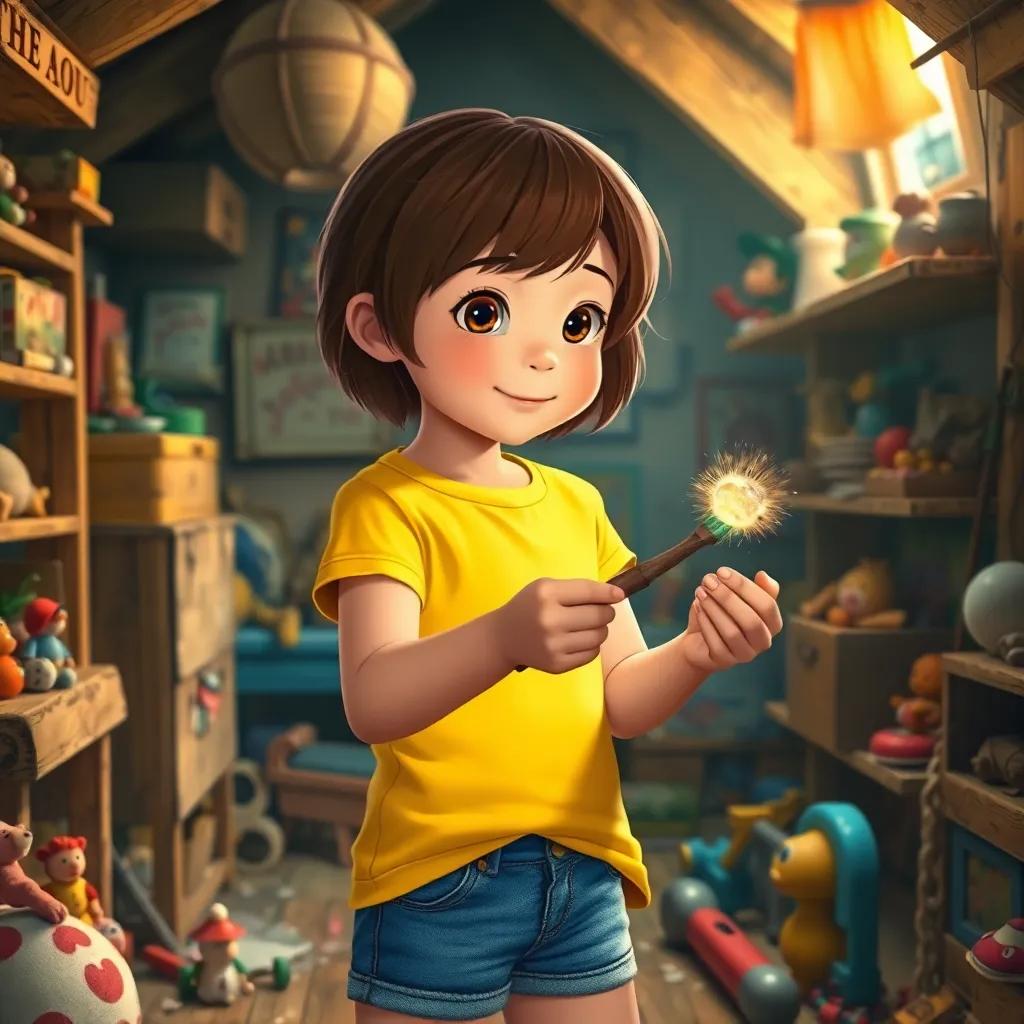 A young girl, Mia, with short brown hair, wearing a bright yellow t-shirt and denim shorts, discovering a magical paintbrush in a dusty attic filled with old toys, digital art, warm and inviting, cozy atmosphere, high quality