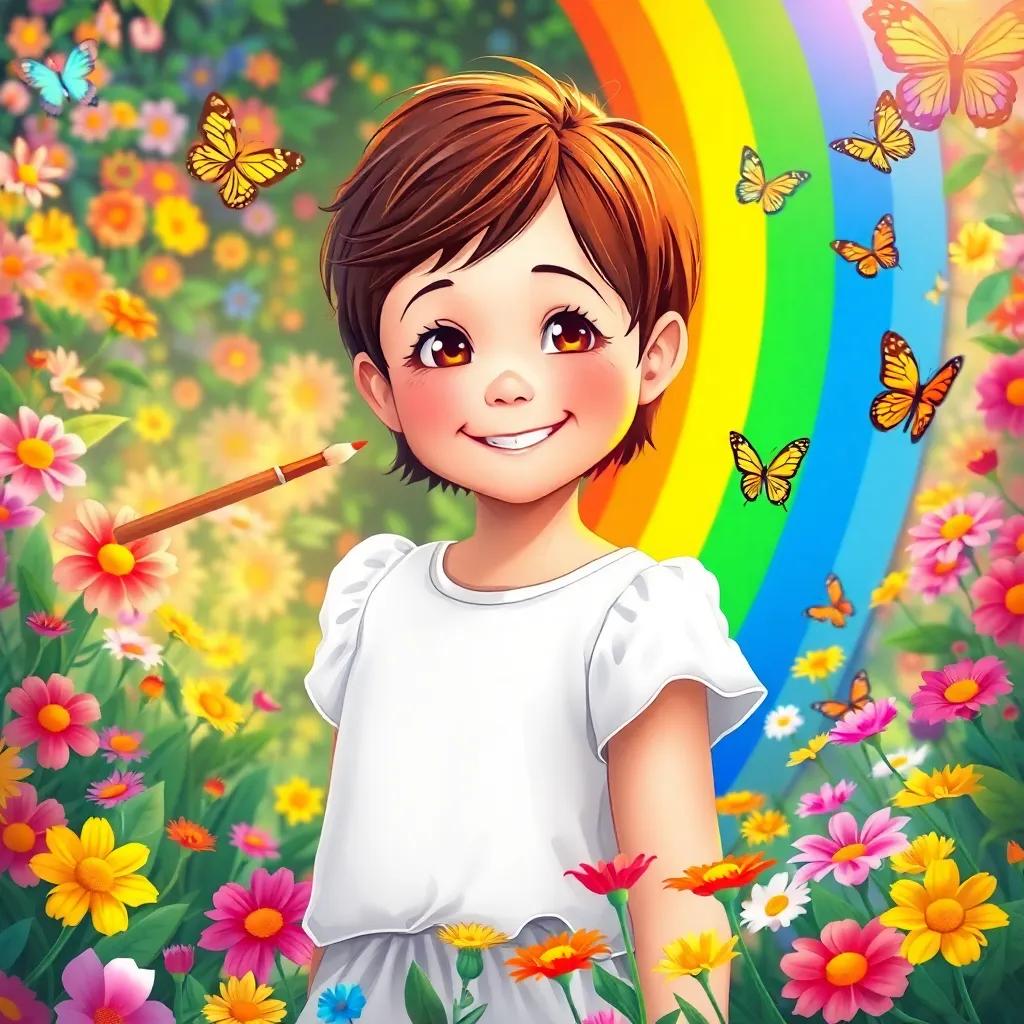 Mia, a young girl with short brown hair, in a colorful garden filled with blooming flowers and fluttering butterflies, painting a vibrant rainbow with her magic paintbrush, joyful expression, illustration, cheerful colors, imaginative scene, high quality