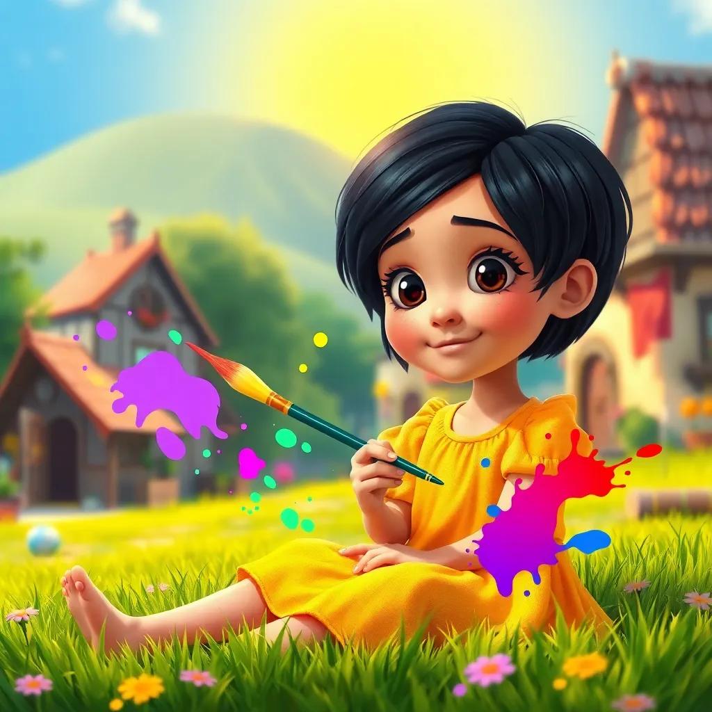 A young girl, Maya, with short black hair wearing a yellow dress, holding a magic paintbrush with colorful paint splashes around her, sitting on the grass in a sunny village, vibrant colors, cheerful atmosphere, high quality, digital art.