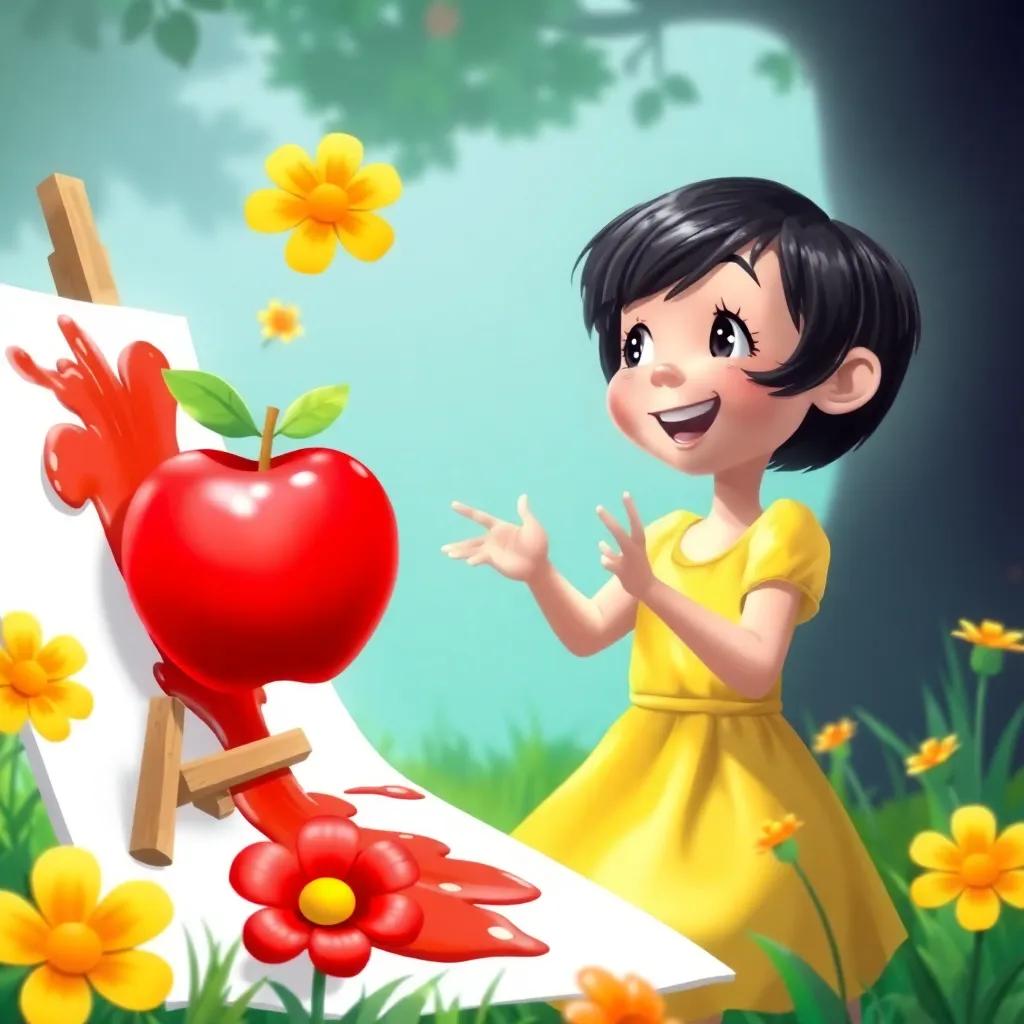 Maya, a young girl with short black hair wearing a yellow dress, excitingly painting a big red apple that is jumping off the paper, surrounded by bright flowers and green grass, joyful scene, colorful, playful energy, digital painting, high quality.