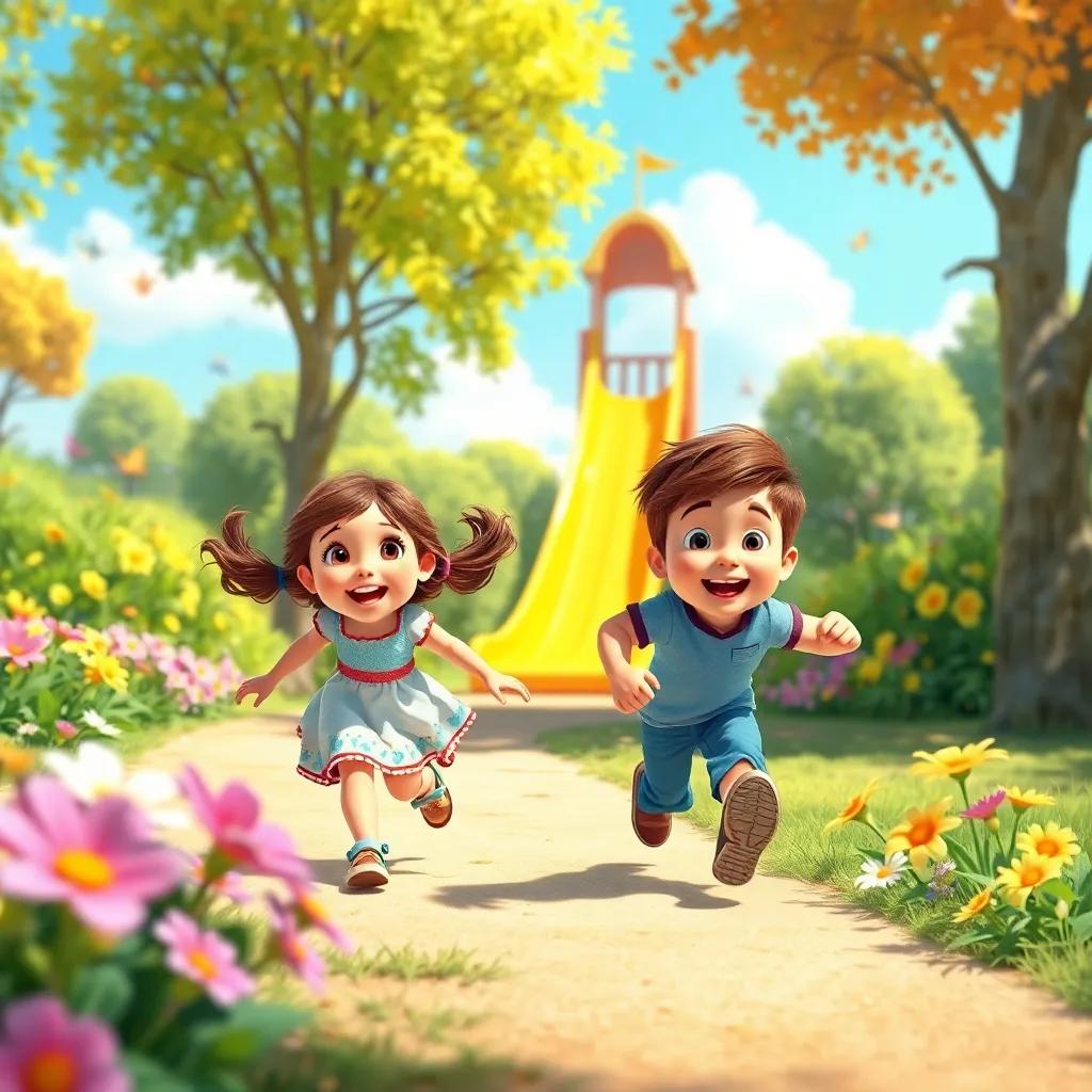 A sunny park with bright flowers and butterflies, two young children, Lily and Max, running towards a big slide, joyful expressions, cheerful scene, digital art, vibrant colors, warm atmosphere, high quality