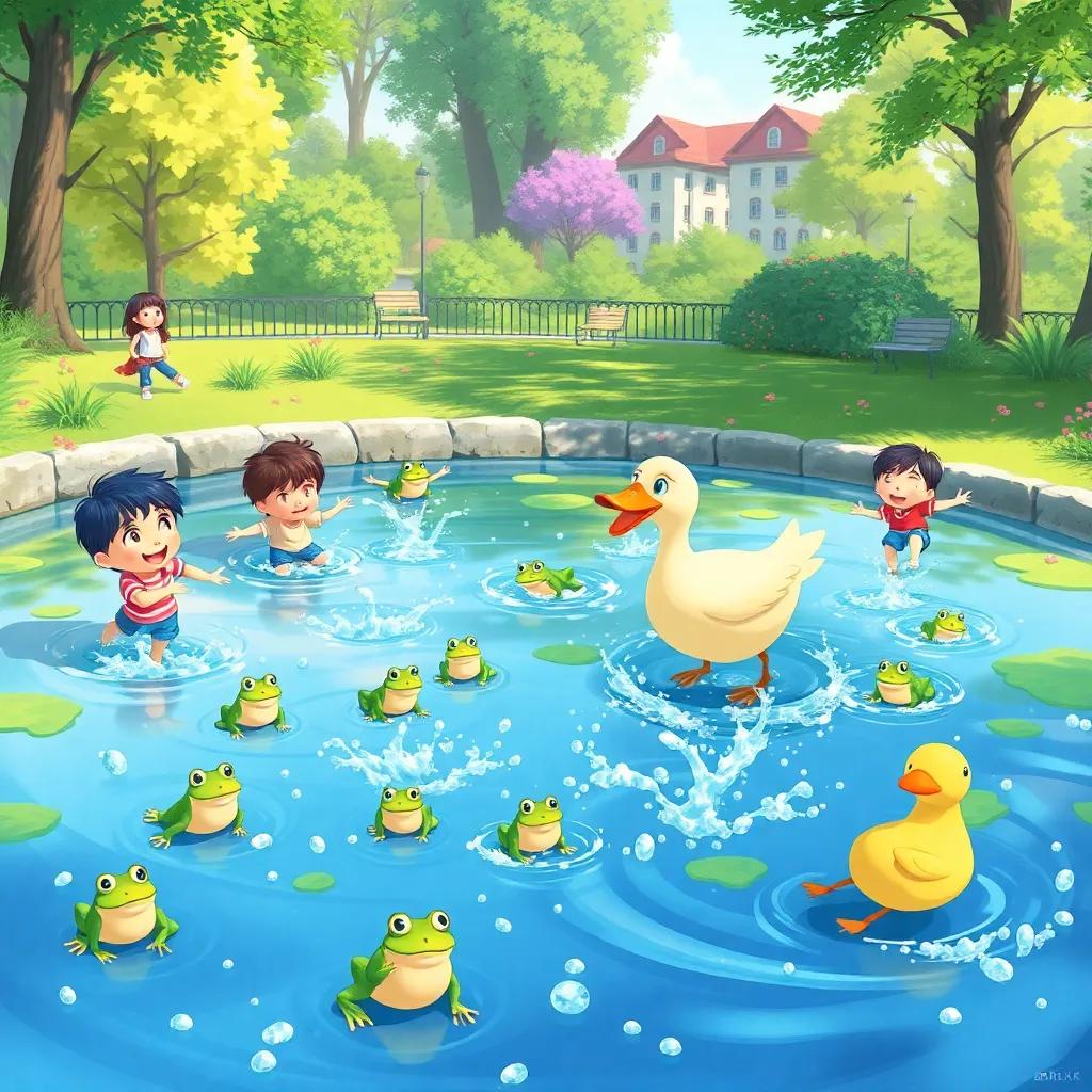 A sparkling pond in the park with jumping frogs, children laughing and splashing water, a friendly duck waddling over, playful and engaging atmosphere, illustration, colorful, child-friendly, heartwarming