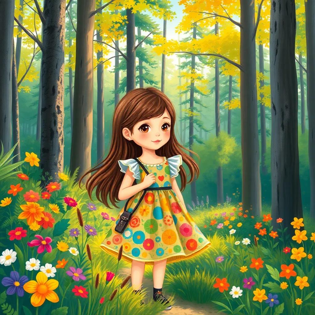 A little girl named Mia, with long brown hair, wearing a colorful dress, exploring a sunny forest with tall trees and colorful flowers, vibrant colors, cheerful atmosphere, detailed illustration, high quality
