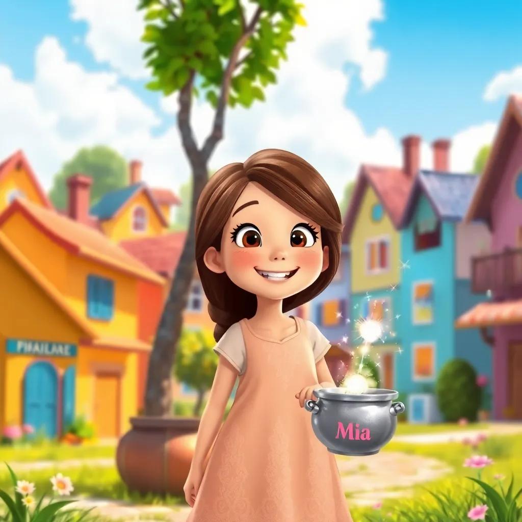 A cheerful girl named Mia, with long brown hair wearing a simple dress, standing in a sunny village filled with colorful houses, looking excited by a sparkling pot under a tree, digital art, bright colors, joyful atmosphere, vibrant village scene, high quality