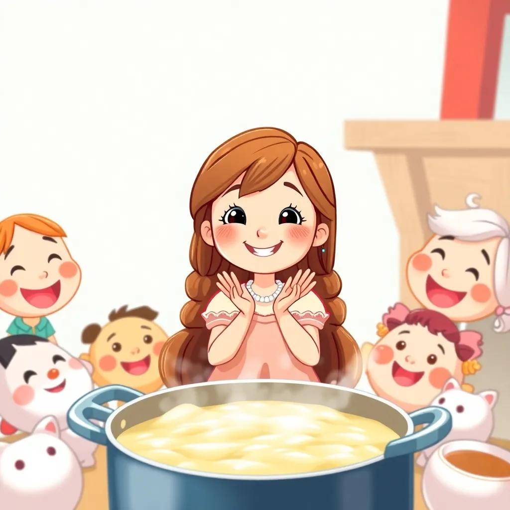 Mia, a cheerful girl with long brown hair, dressed in a simple dress, clapping her hands as a steaming pot bubbles and cooks creamy porridge, surrounded by her happy friends with smiles and laughter, illustration, warm and inviting, joyful vibe, child-friendly